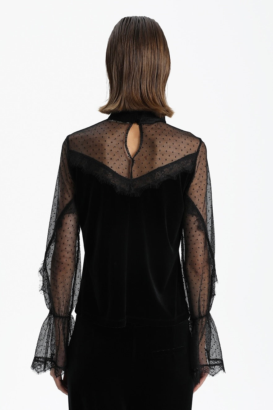 Velvet Blouse With Transparent Sleeves