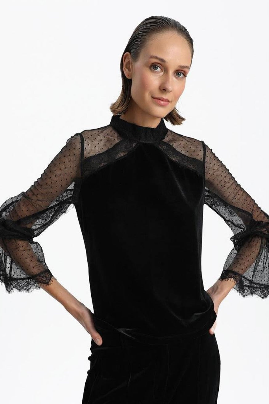 Velvet Blouse With Transparent Sleeves