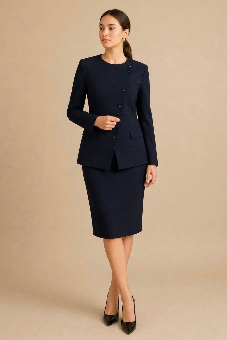 Elegant Buttoned Skirt Suit