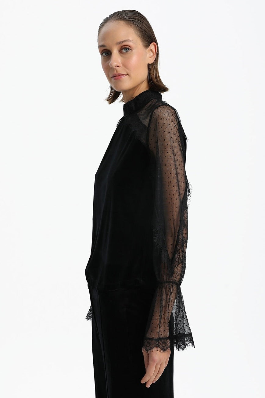 Velvet Blouse With Transparent Sleeves