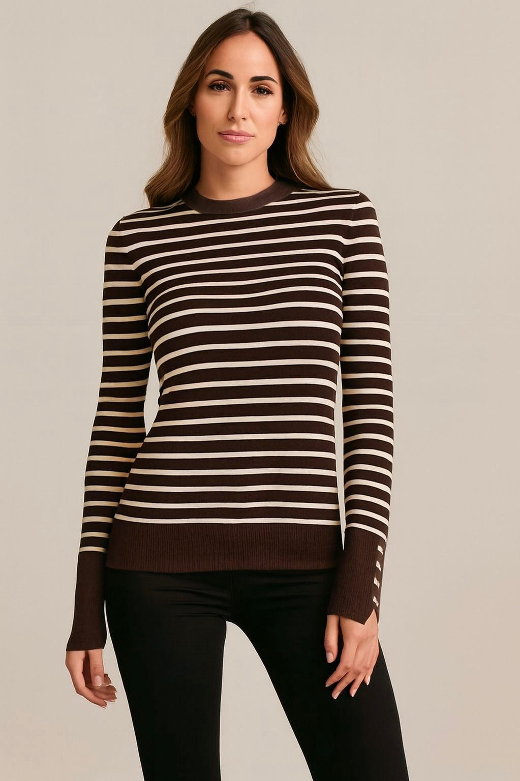 Striped Soft Knit Top with Buttoned Sleeves