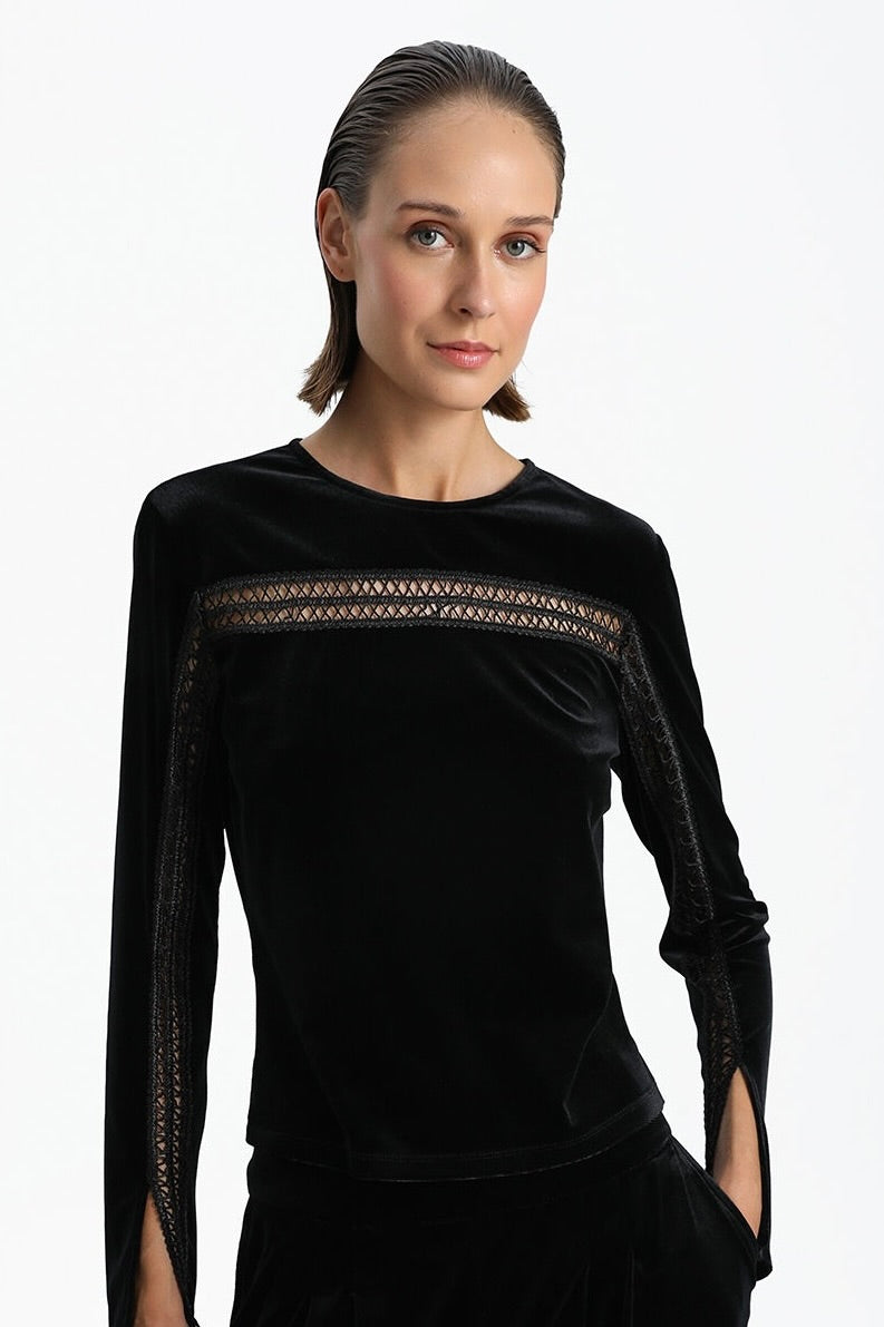 Velvet Blouse With Slit In Sleeves