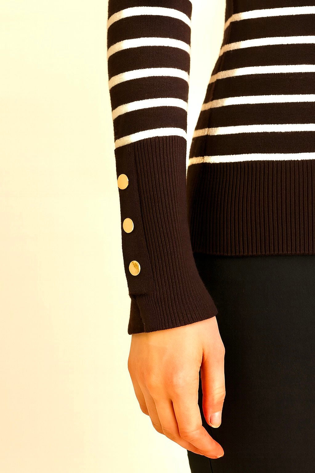 Striped Soft Knit Top with Buttoned Sleeves