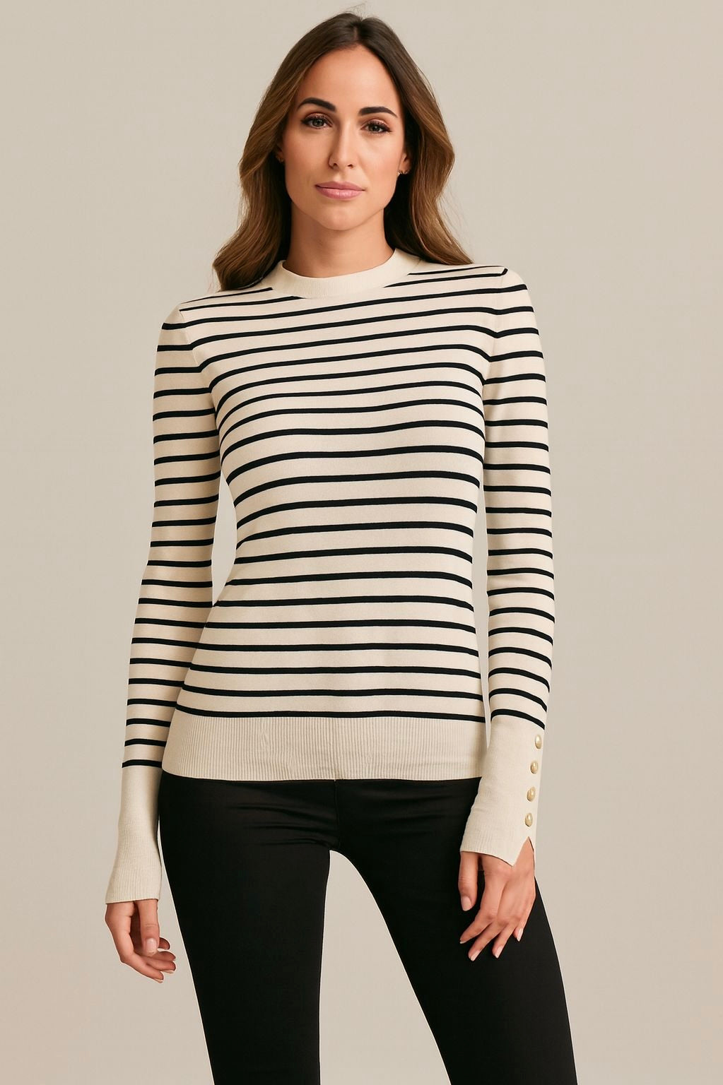 Striped Soft Knit Top with Buttoned Sleeves