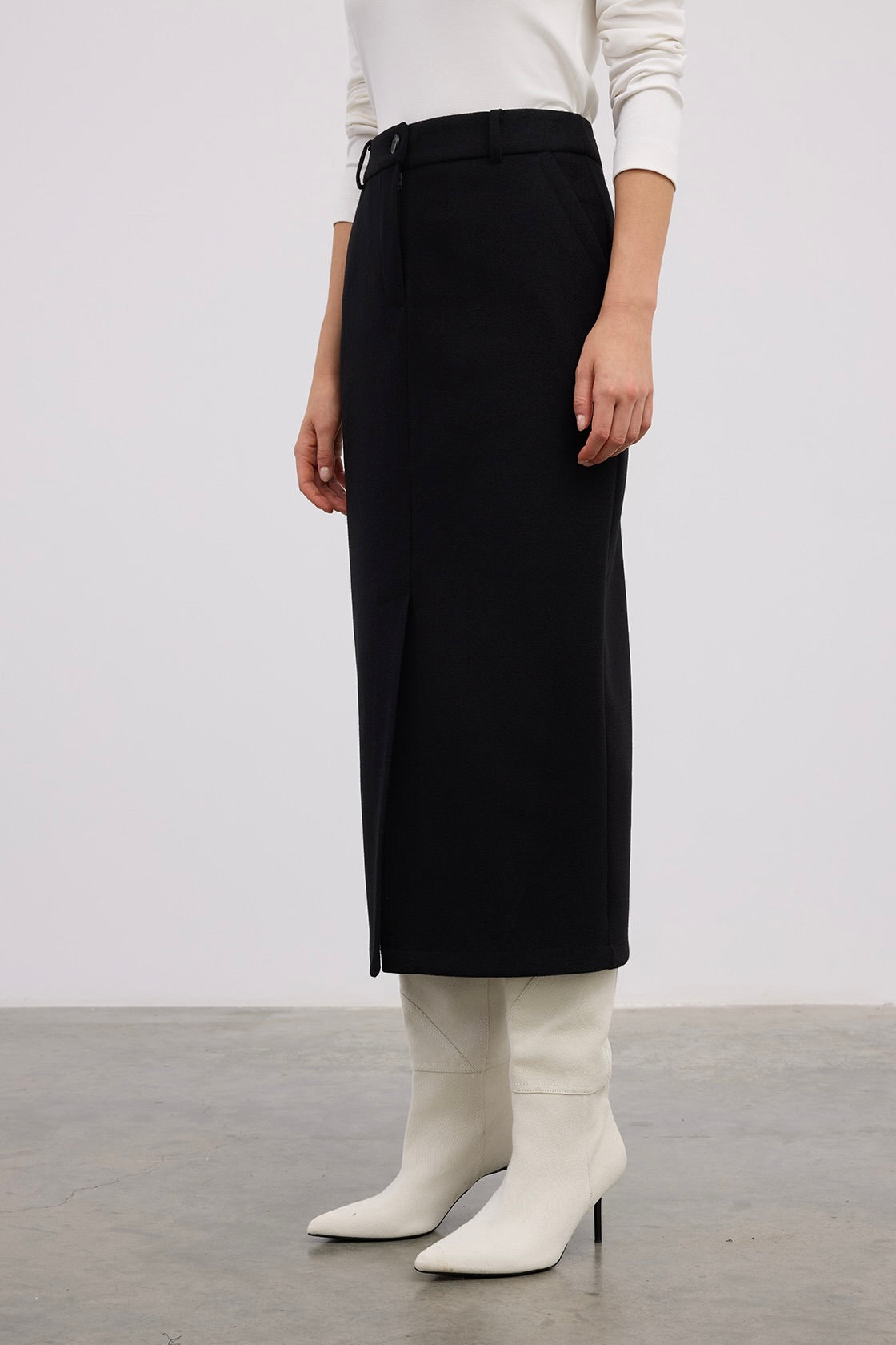 Wool Midi Skirt with Front Slit