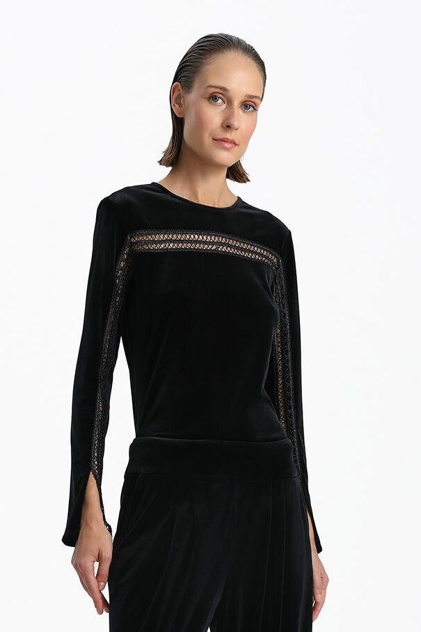 Velvet Blouse With Slit In Sleeves