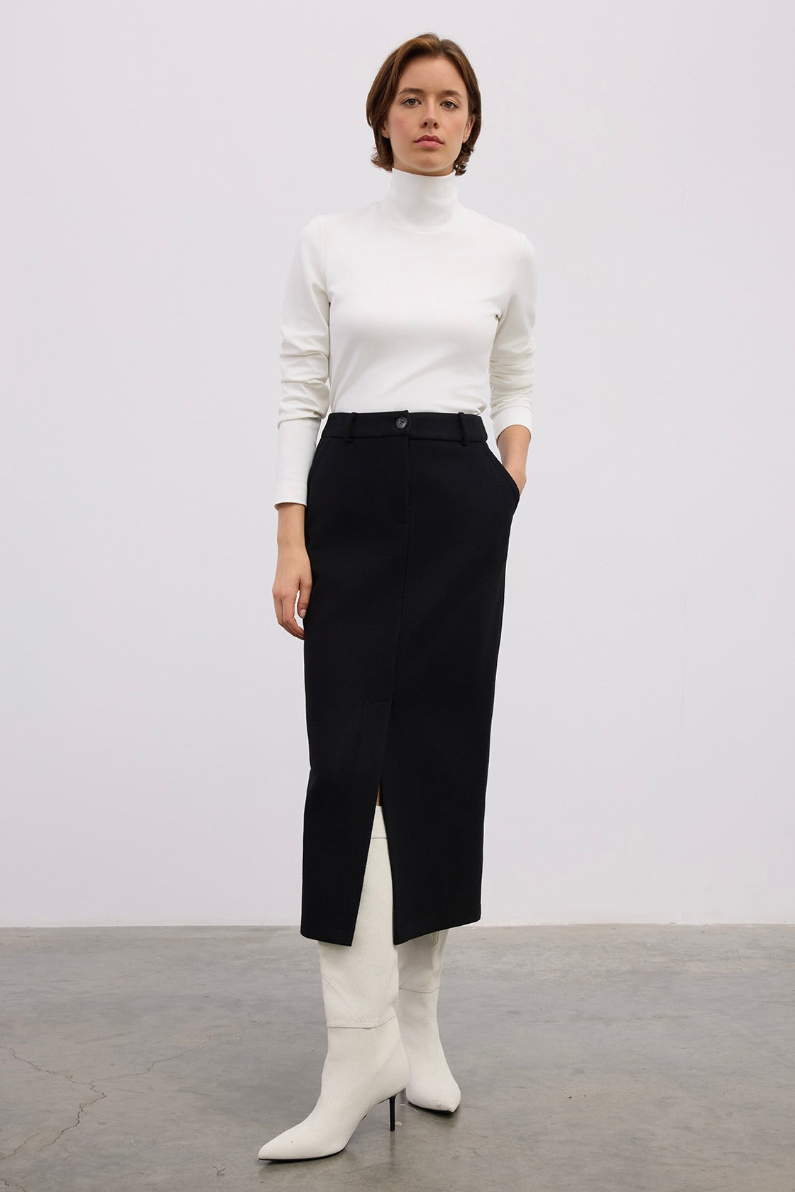 Wool Midi Skirt with Front Slit