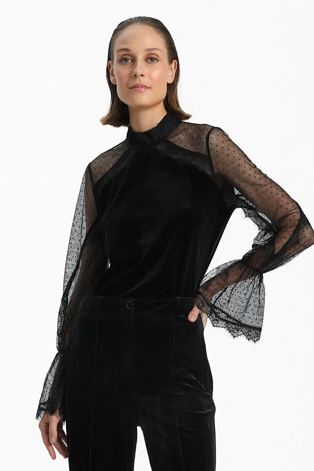 Velvet Blouse With Transparent Sleeves