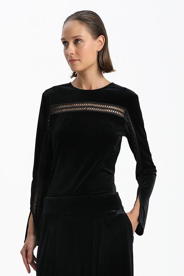 Velvet Blouse With Slit In Sleeves