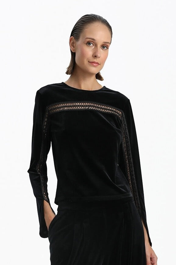 Velvet Blouse With Slit In Sleeves