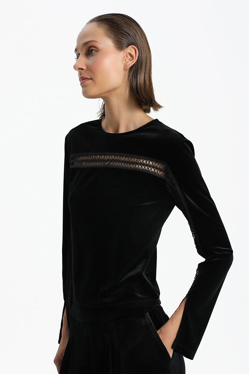 Velvet Blouse With Slit In Sleeves