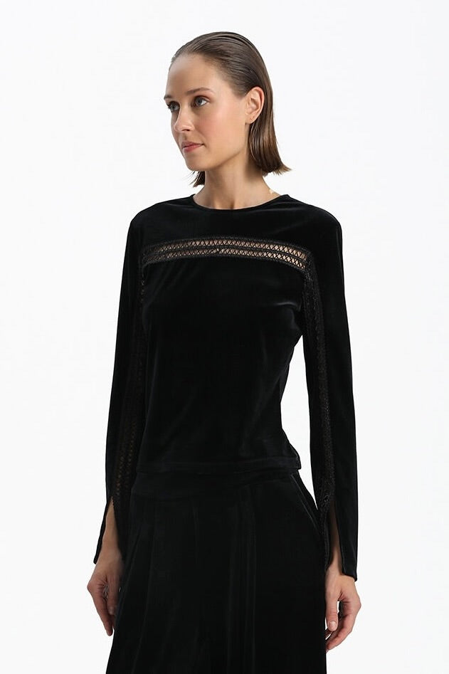 Velvet Blouse With Slit In Sleeves