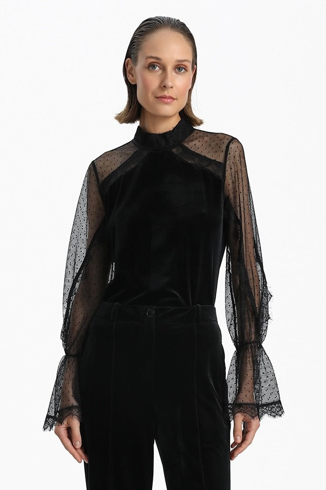 Velvet Blouse With Transparent Sleeves