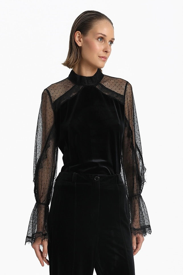 Velvet Blouse With Transparent Sleeves