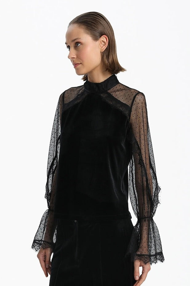 Velvet Blouse With Transparent Sleeves