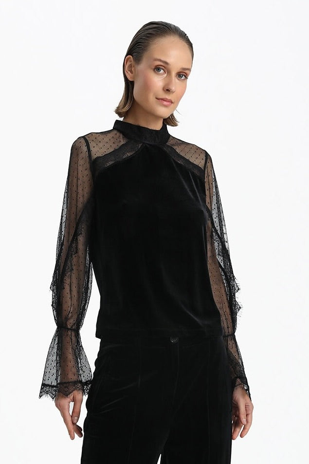 Velvet Blouse With Transparent Sleeves