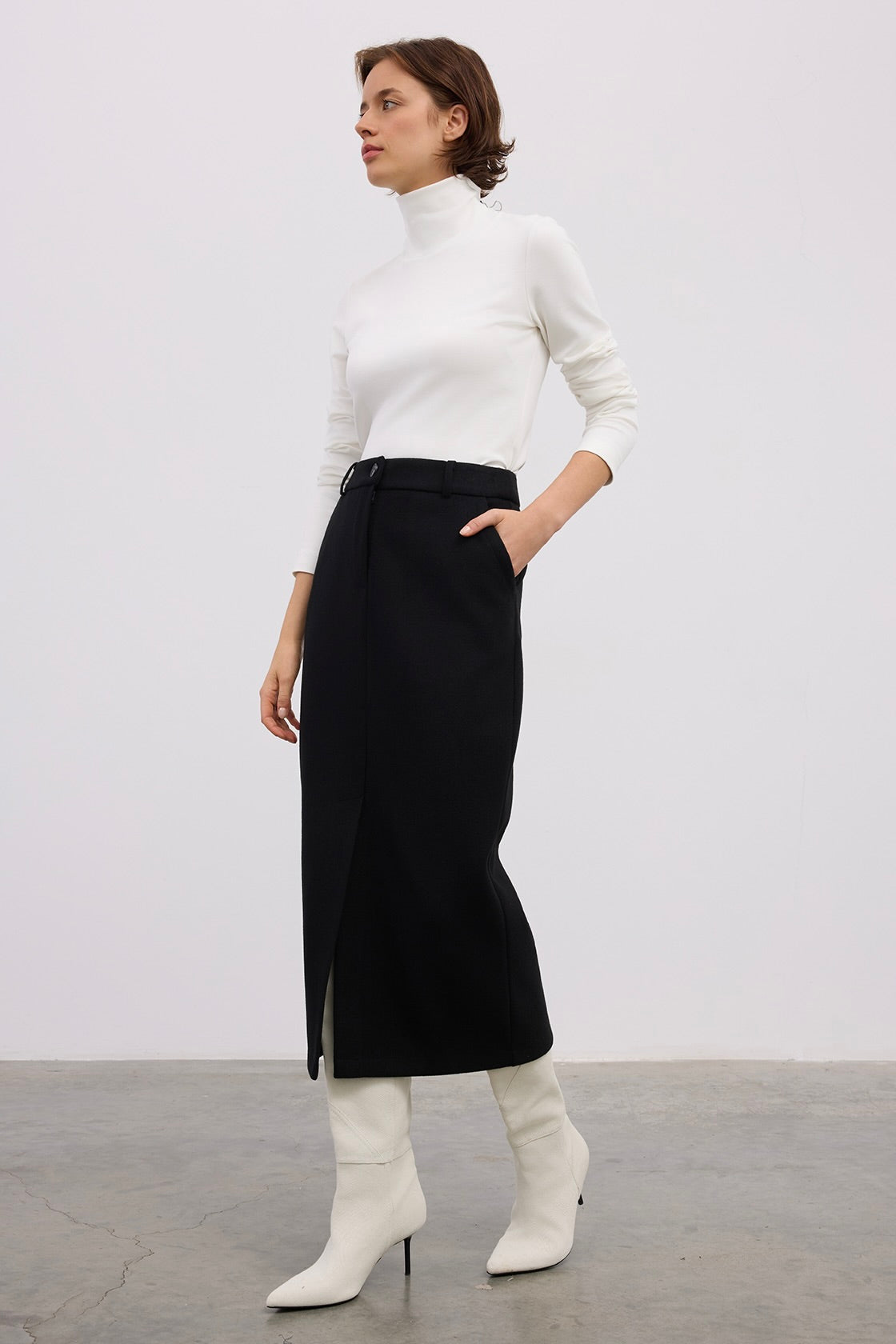 Wool Midi Skirt with Front Slit