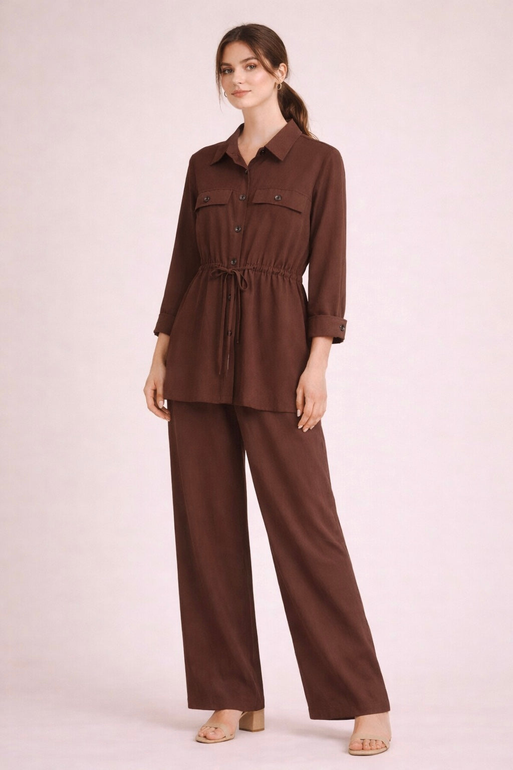 Casual Belted Jacket and Straight Pants Set