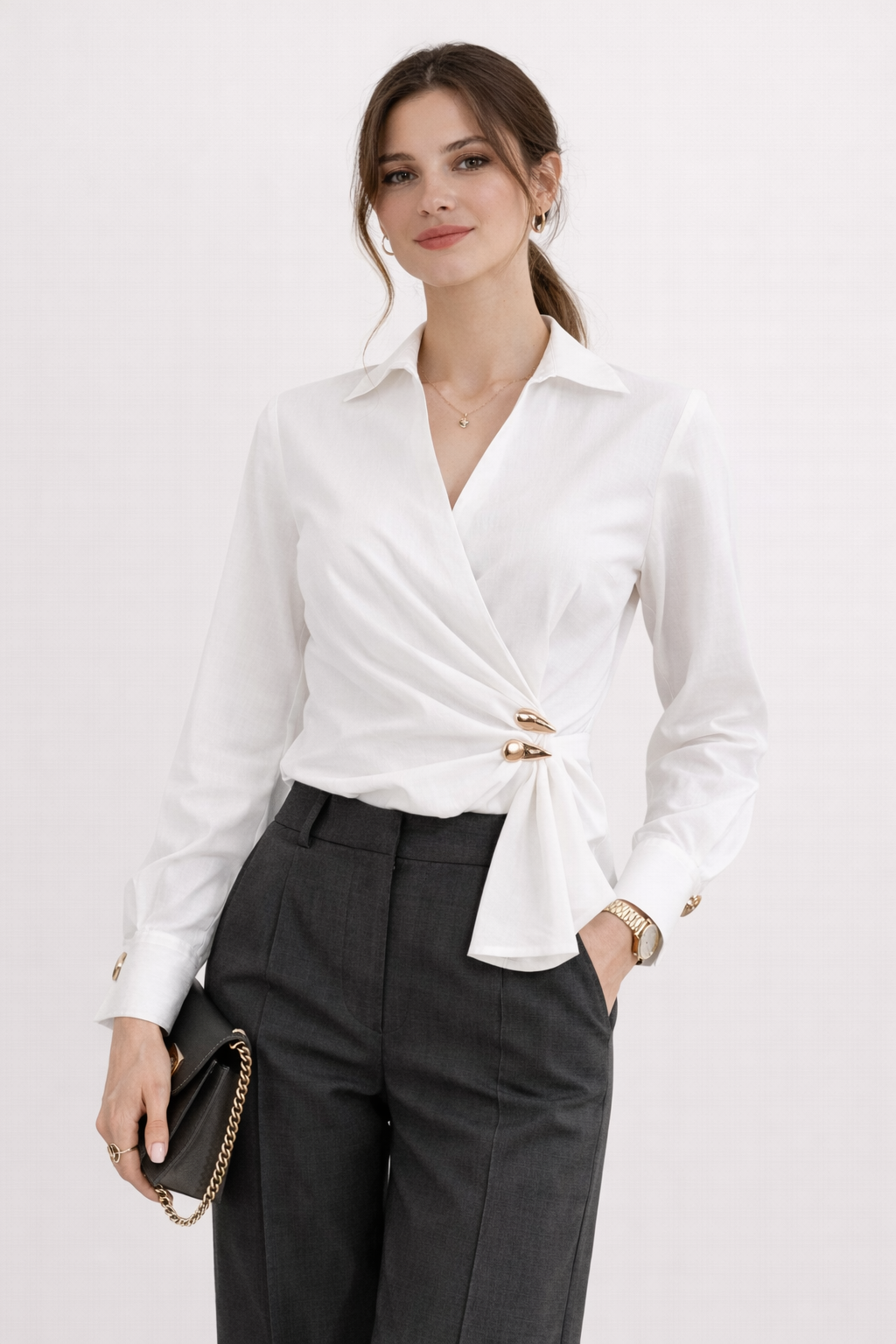 Wrap Detail Gold Accent Blouse