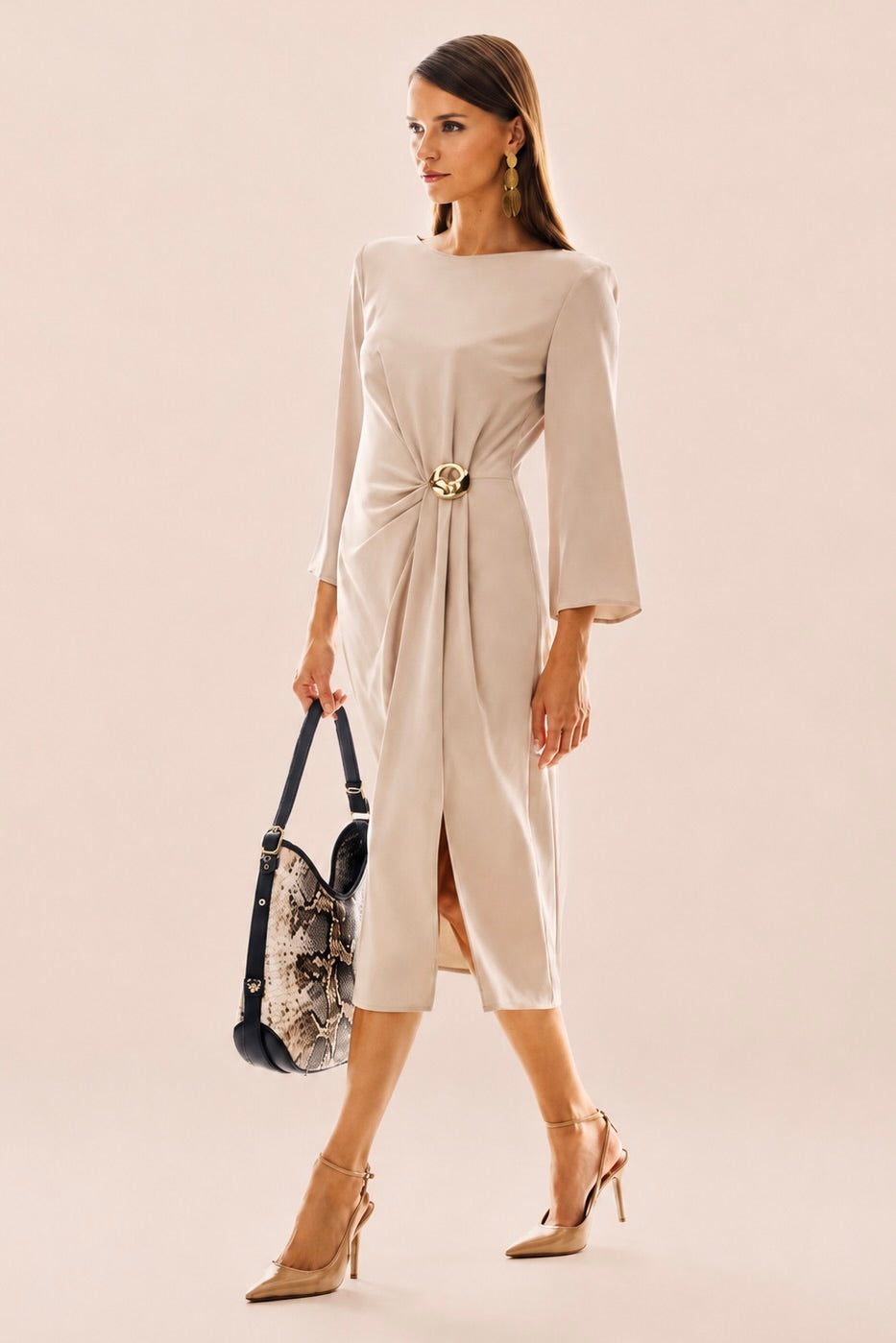 Elegant Gathered Buckle Midi Dress