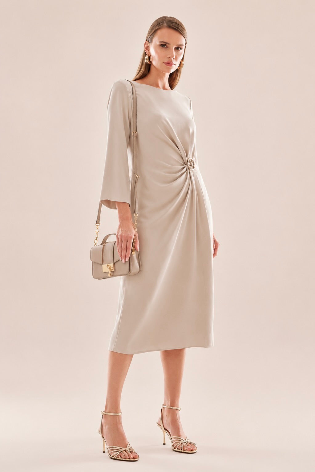 Elegant Gathered Buckle Midi Dress
