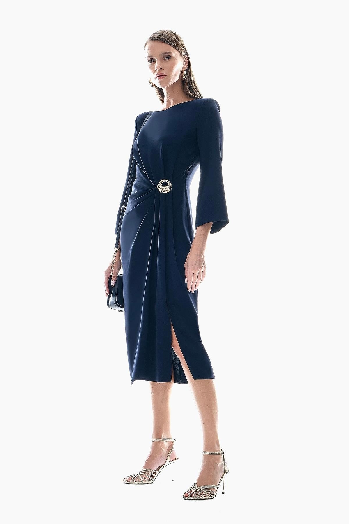 Elegant Gathered Buckle Midi Dress