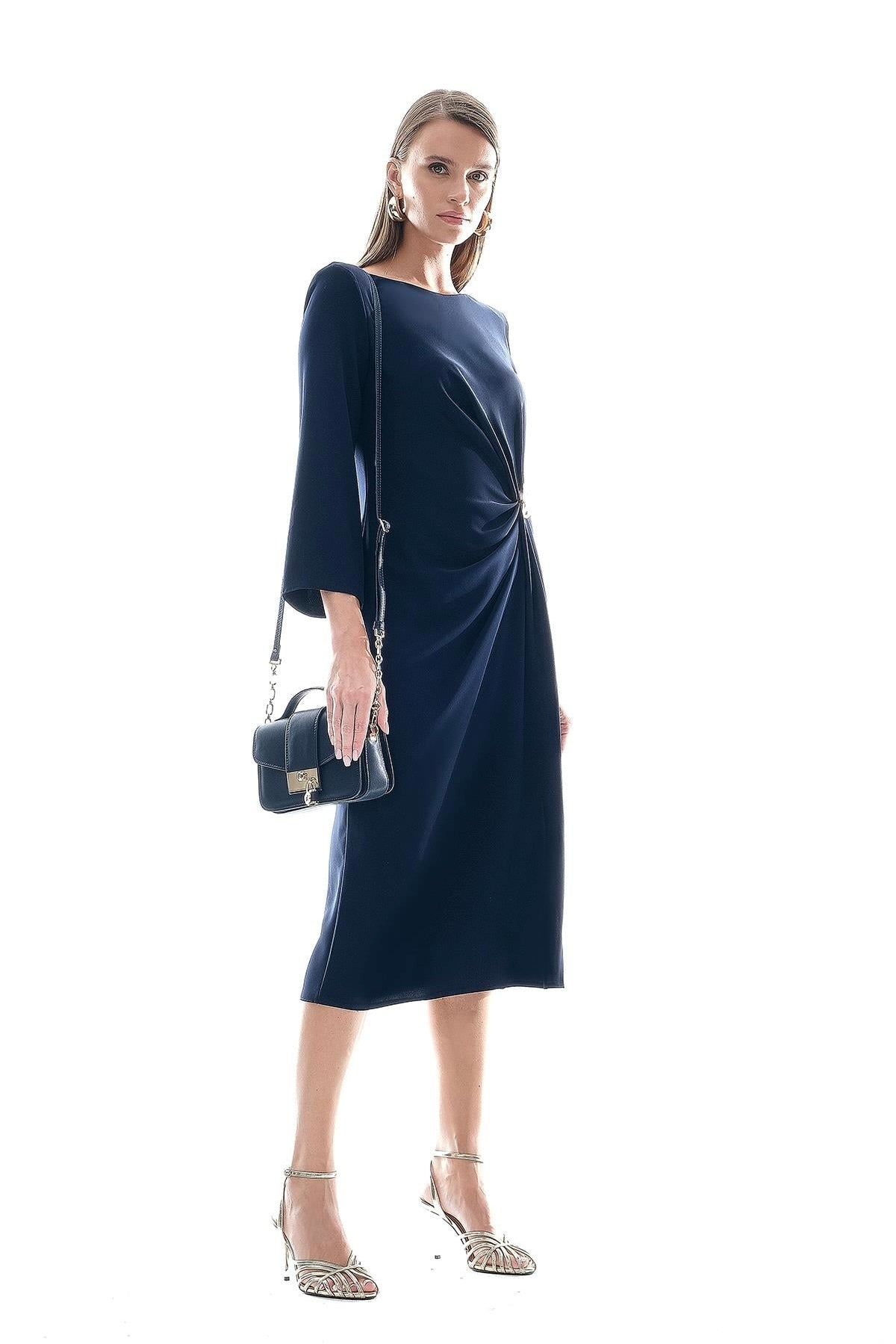 Elegant Gathered Buckle Midi Dress