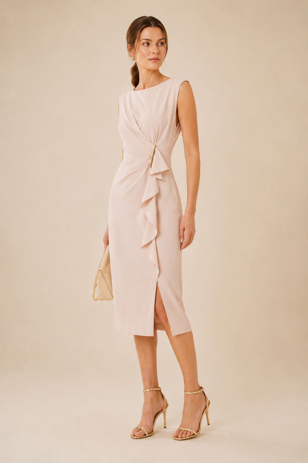 Elegant Draped Buckle Midi Dress