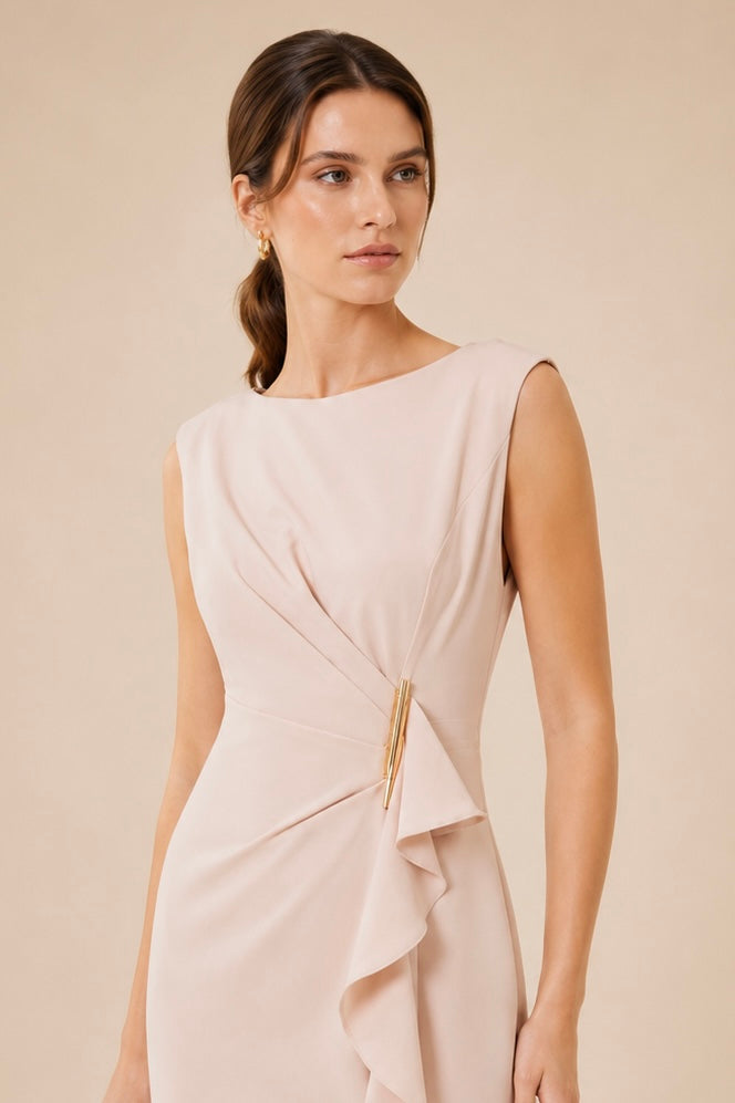 Elegant Draped Buckle Midi Dress
