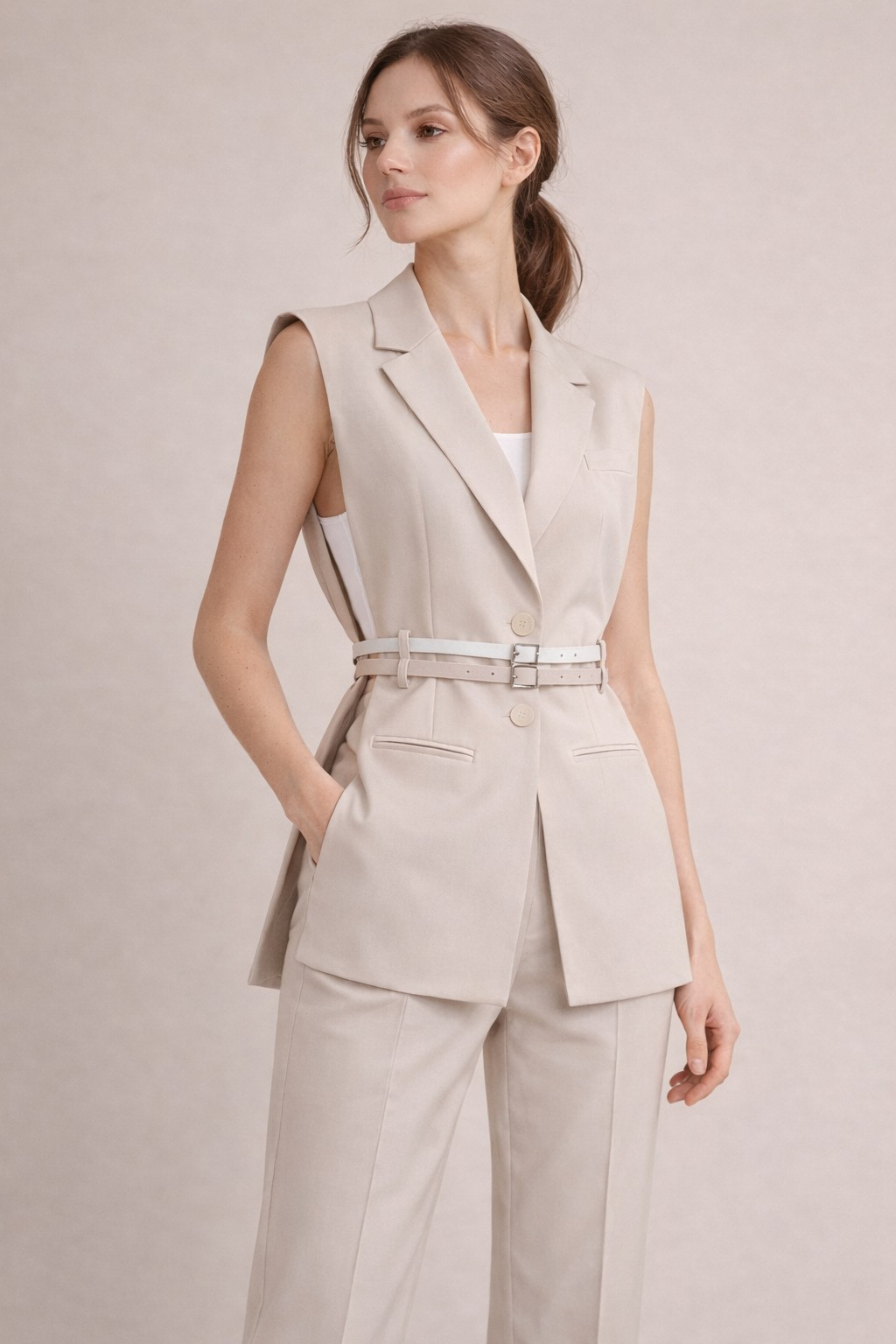 Elegant Belted Vest Suit