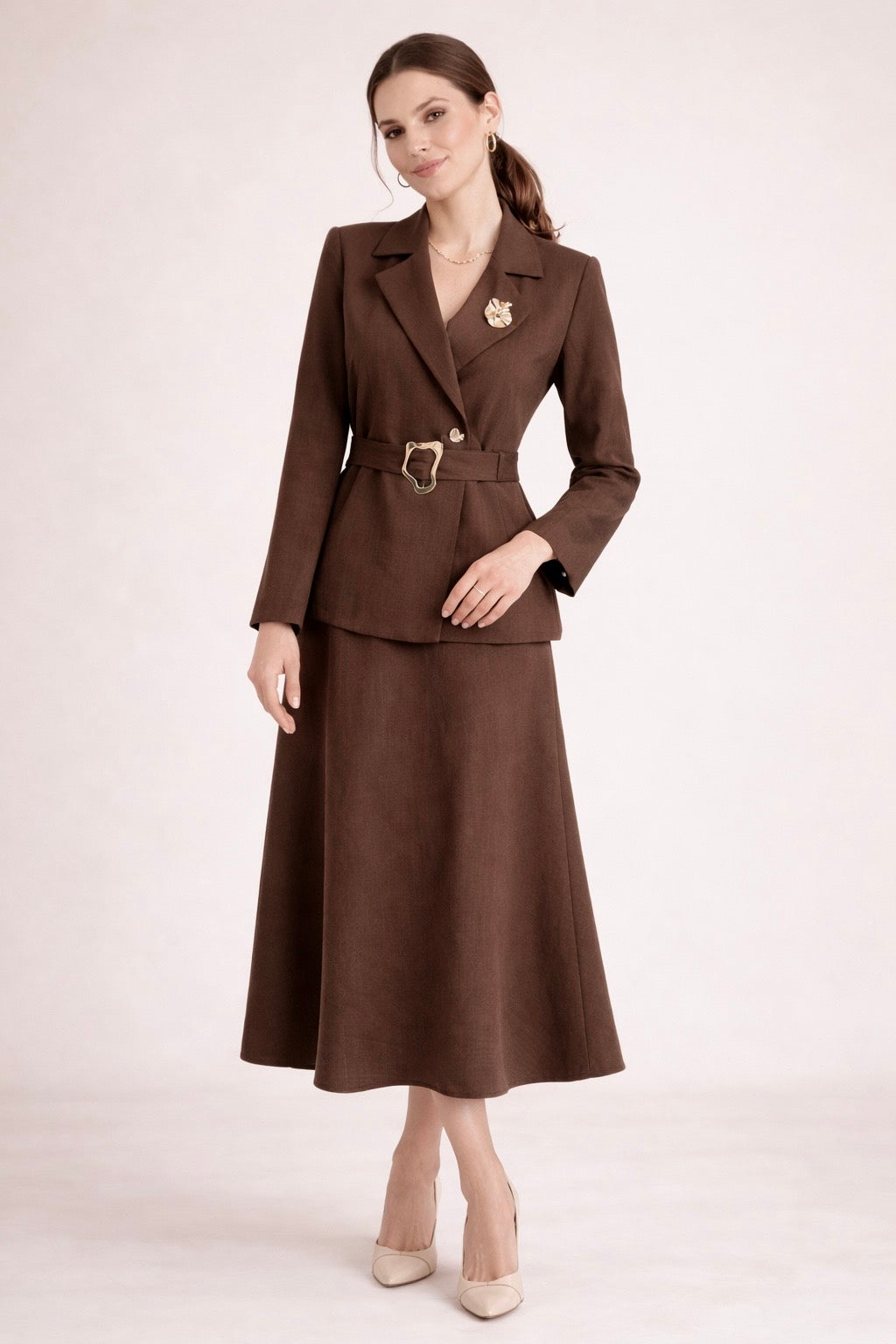 Elegant Belted Skirt Suit