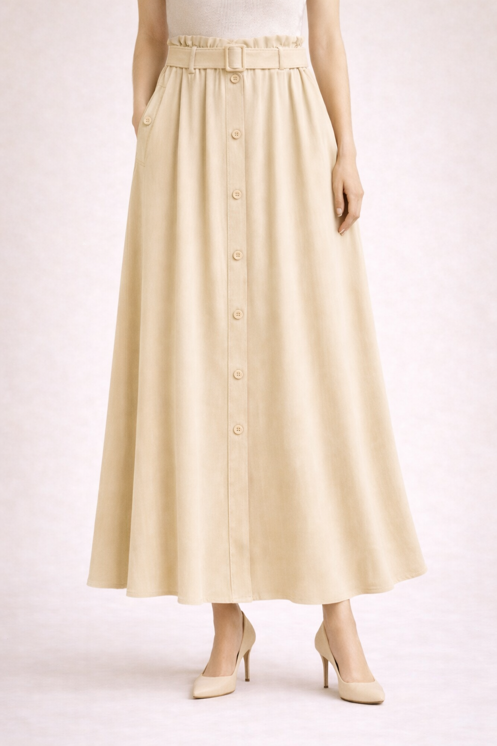 Belted Button-Front Long Skirt