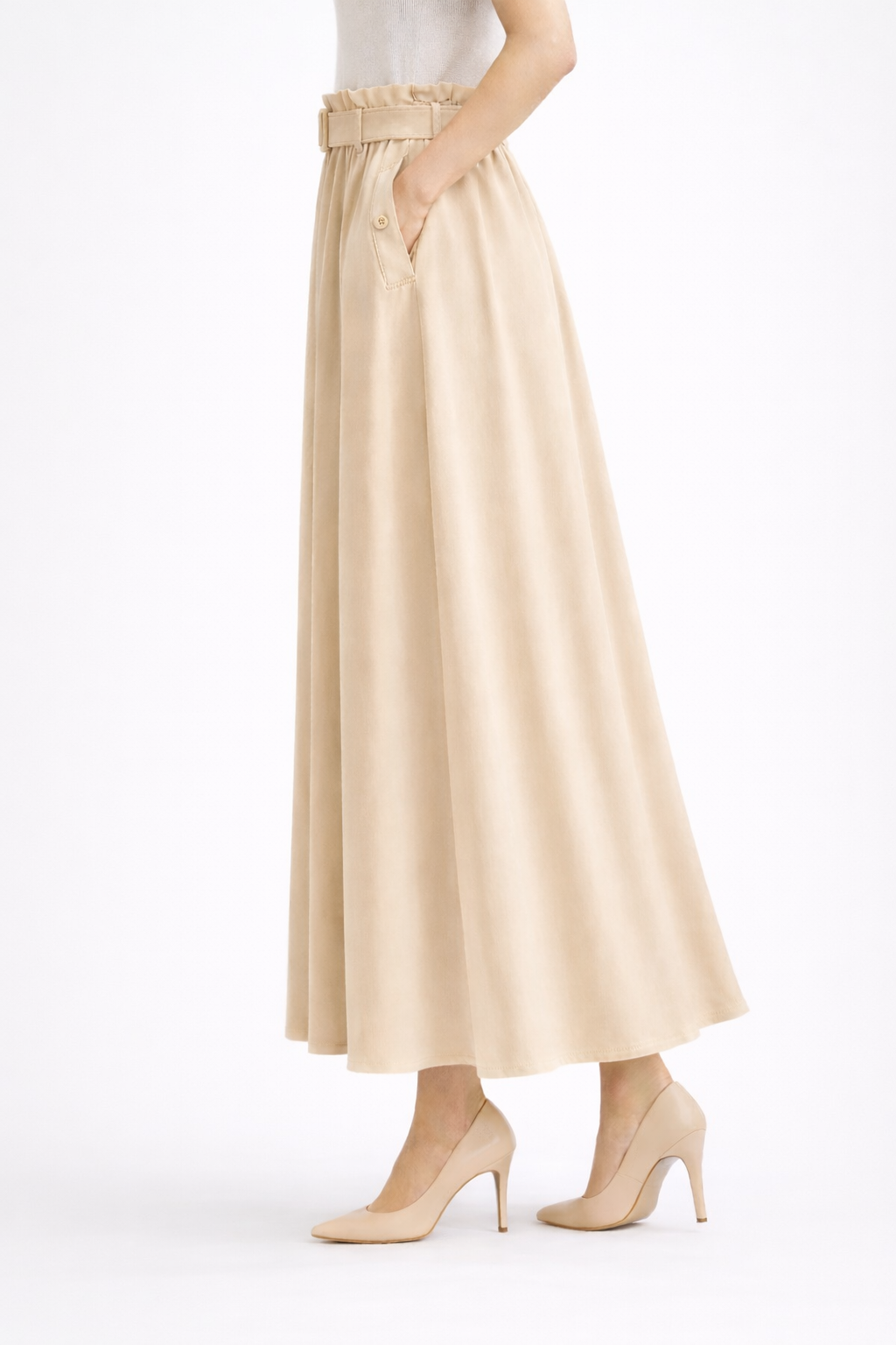 Belted Button-Front Long Skirt