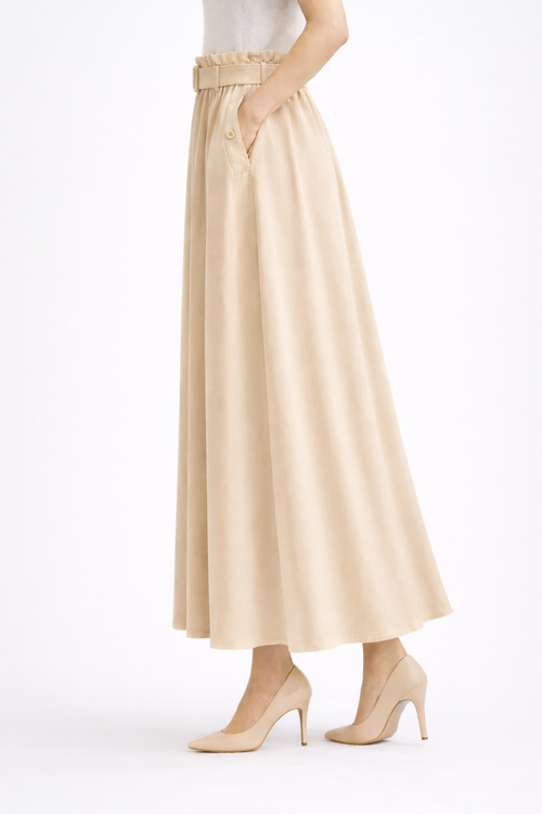 Belted Button-Front Long Skirt