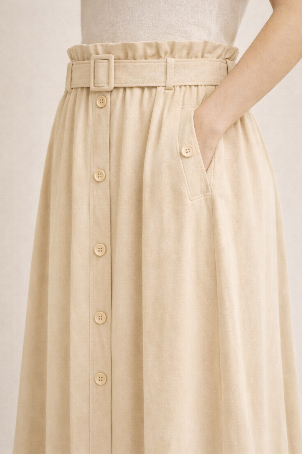 Belted Button-Front Long Skirt