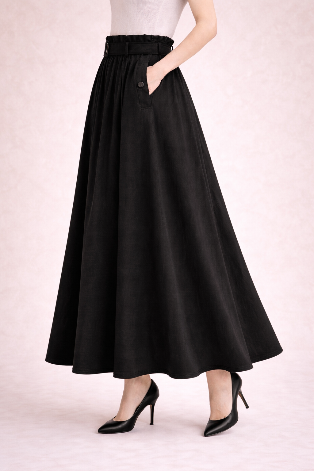 Belted Button-Front Long Skirt