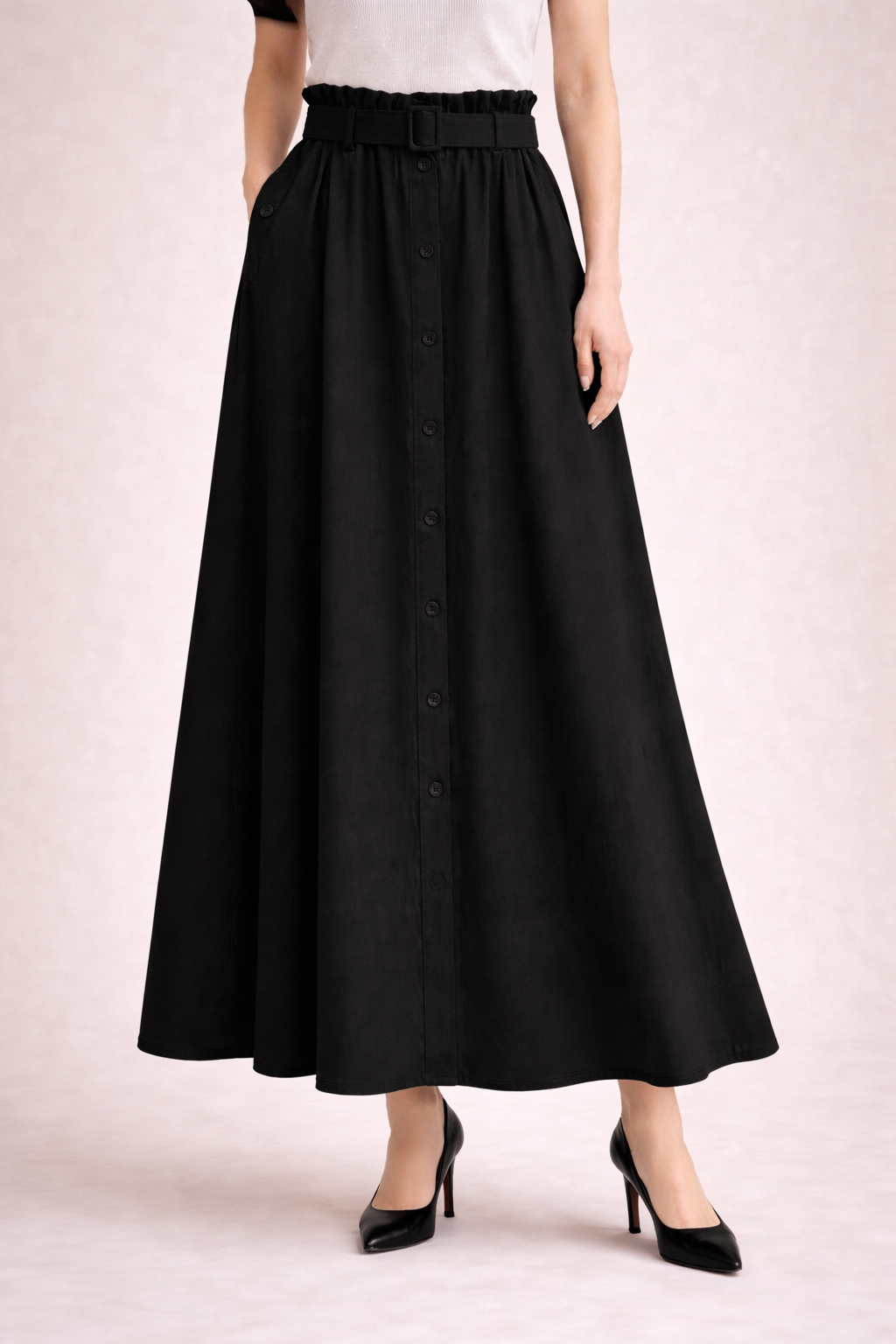 Belted Button-Front Long Skirt