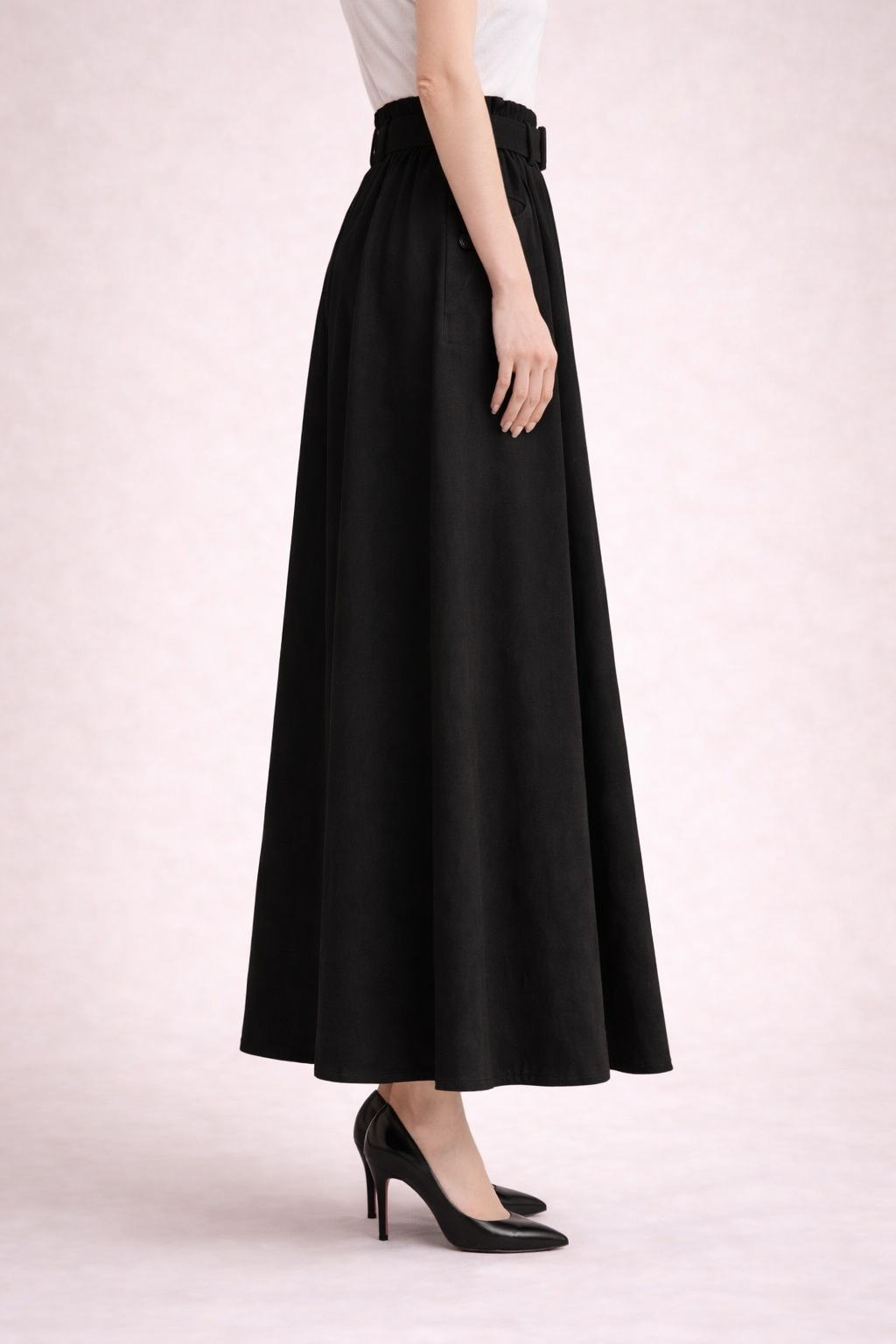 Belted Button-Front Long Skirt
