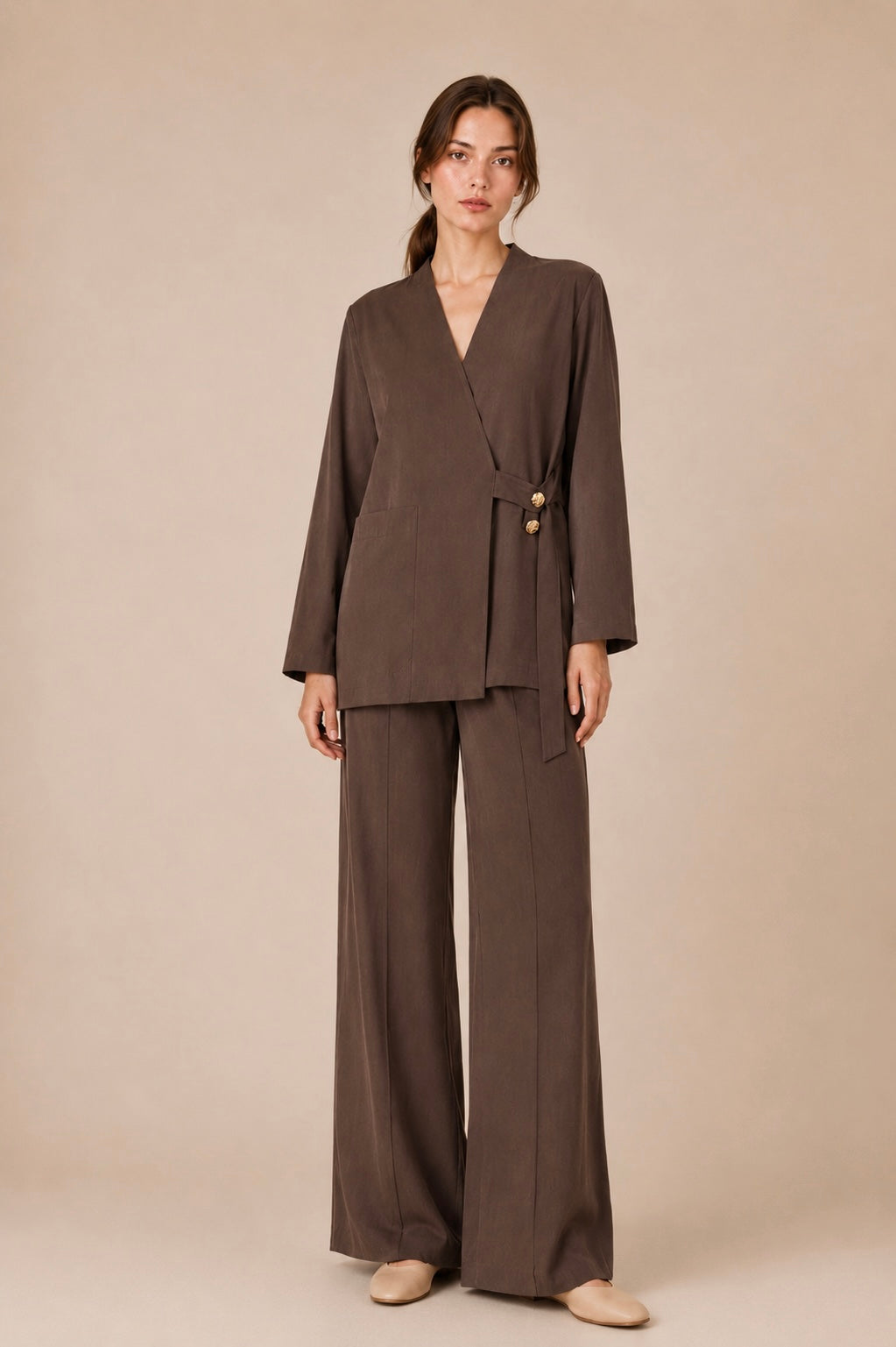 Button Detail Wrap Pants Set