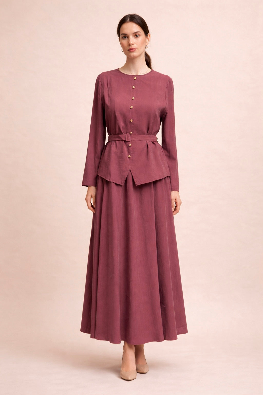 Natural Textured Buttoned Skirt Set