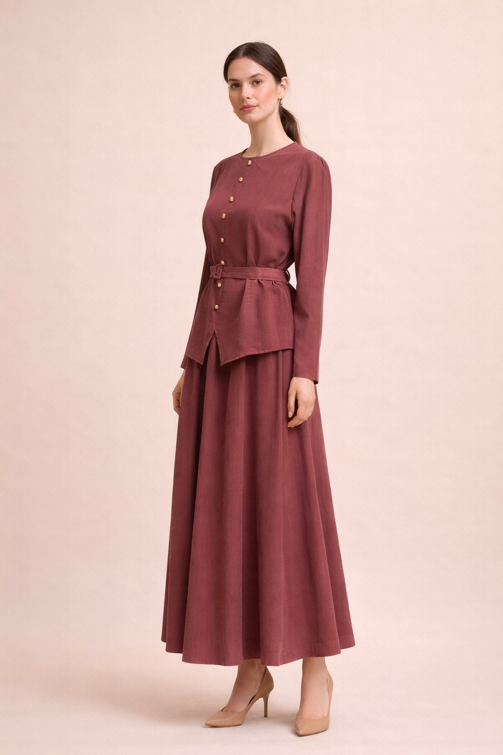 Natural Textured Buttoned Skirt Set