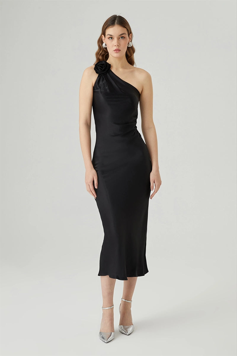 One Shoulder Satin Dress With Flower