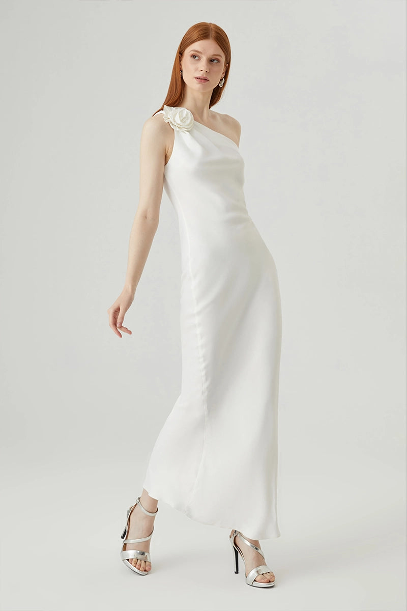 One Shoulder Satin Dress With Flower