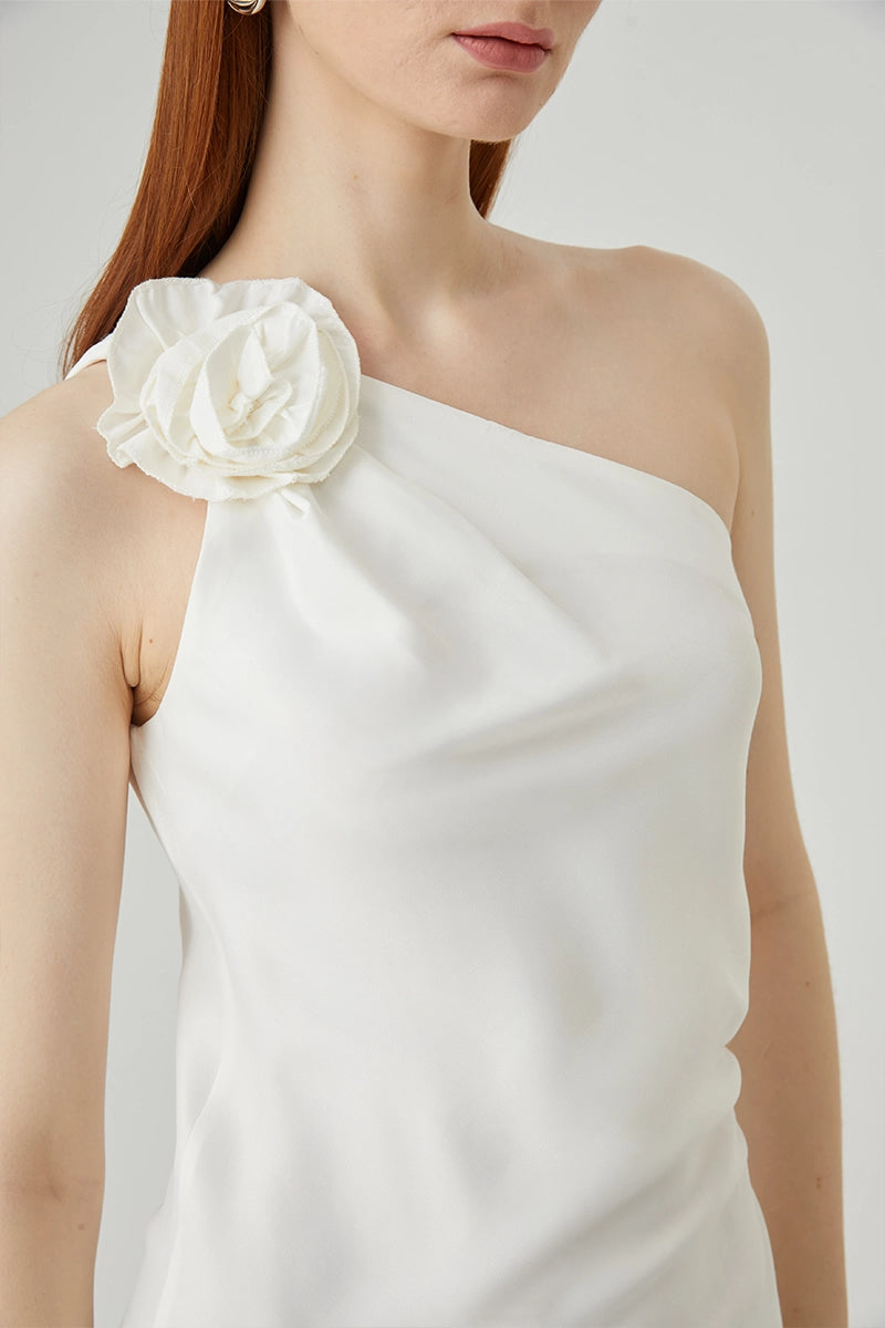 One Shoulder Satin Dress With Flower
