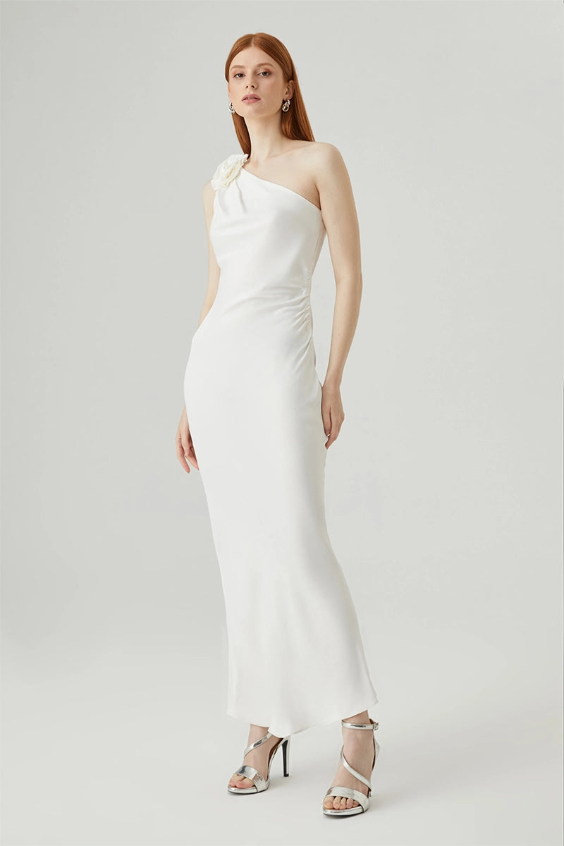 One Shoulder Satin Dress With Flower