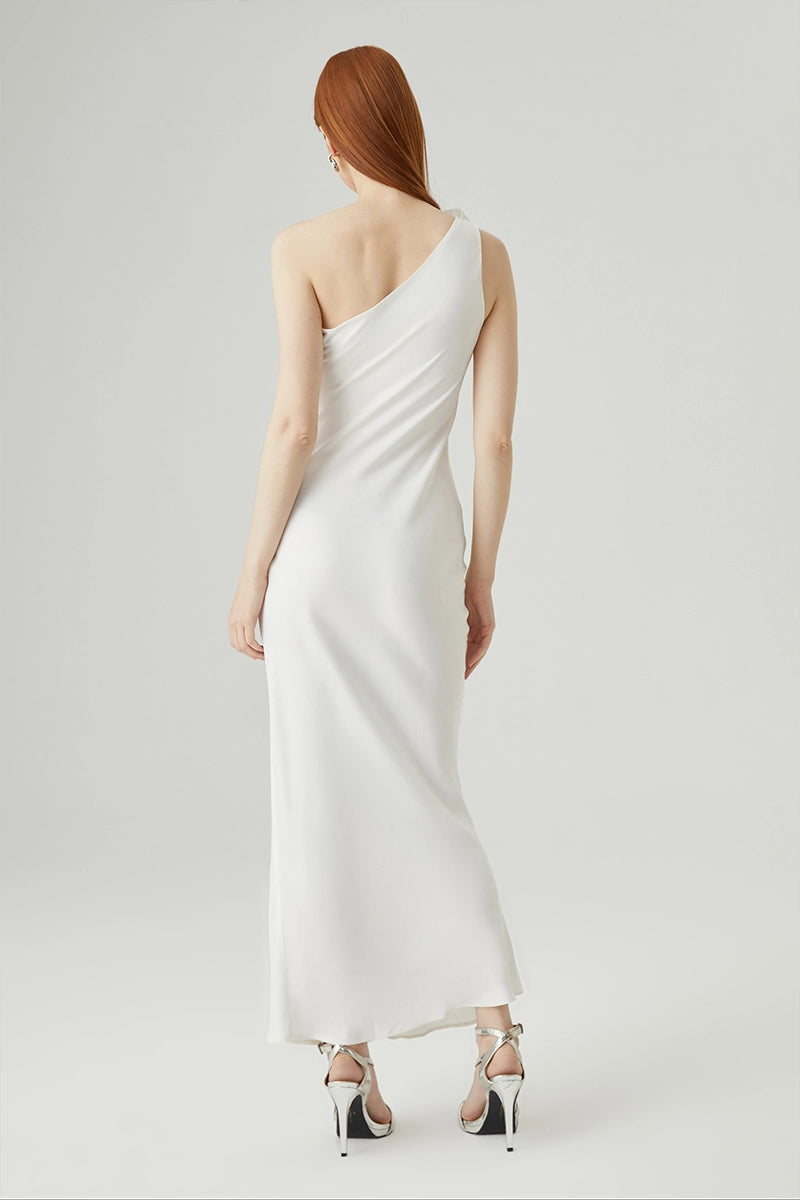 One Shoulder Satin Dress With Flower