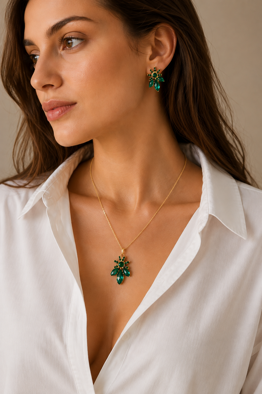 Green Flower Stone Necklace Earring Set