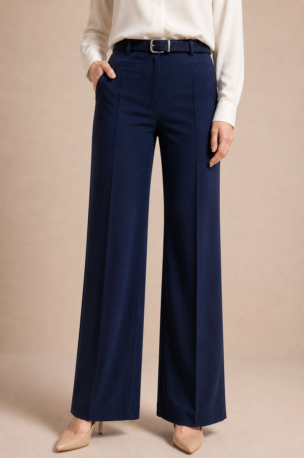 High Waist Tailored Straight Trousers with Belt