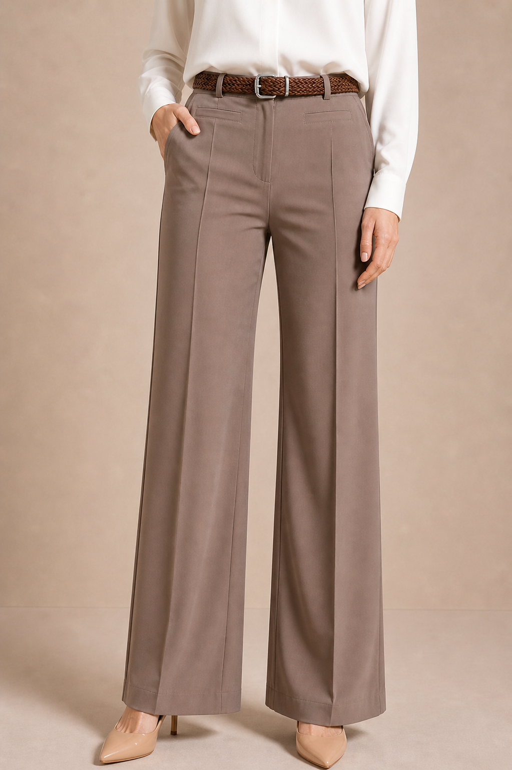 High Waist Tailored Straight Trousers with Belt