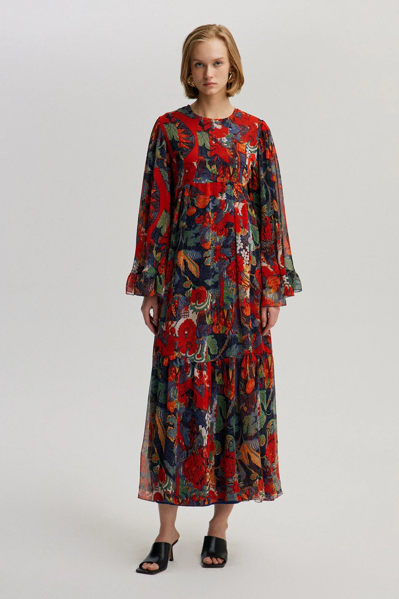 Patterned Chiffon Dress with Ruffle Detail